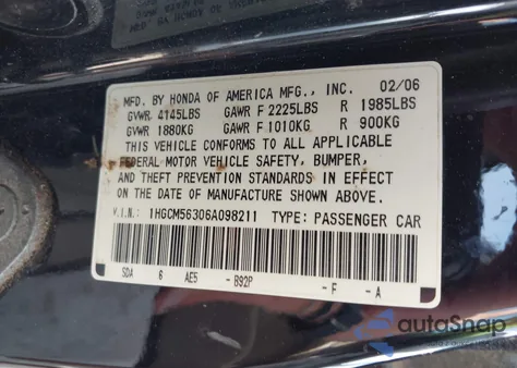 2006 Honda Accord Se z USA, uszkodzony, nr VIN 1HGCM56306A098211